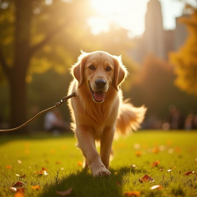 Happy golden retriever on a professional city walk