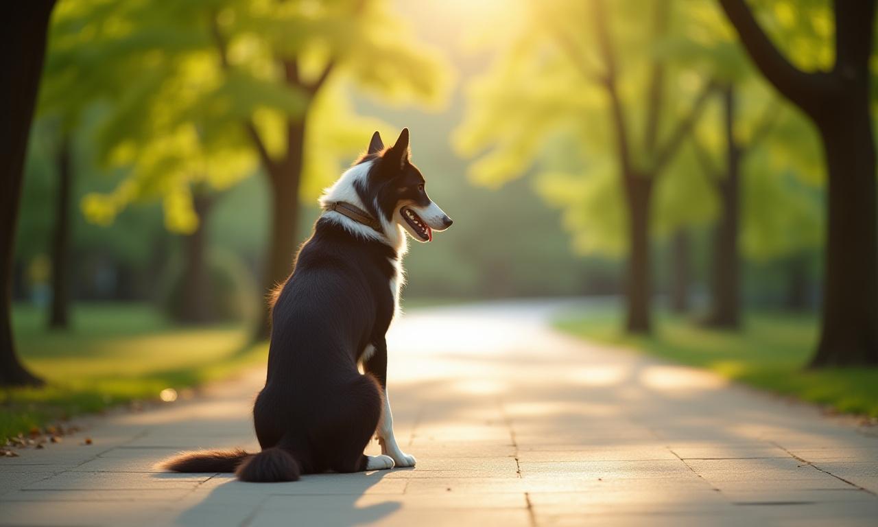 A well-behaved dog sitting calmly in an NYC park setting during a training session