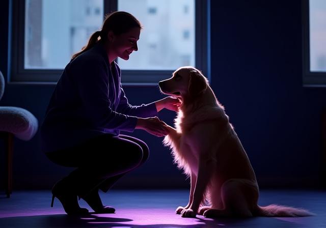 A professional dog trainer shaking paws with a golden retriever in a modern studio setting