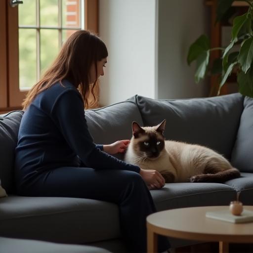 Cat relaxing on a sofa with a professional sitter