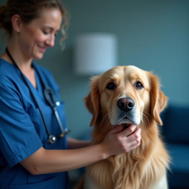 Professional pet groomer examining a dog\'s coat health